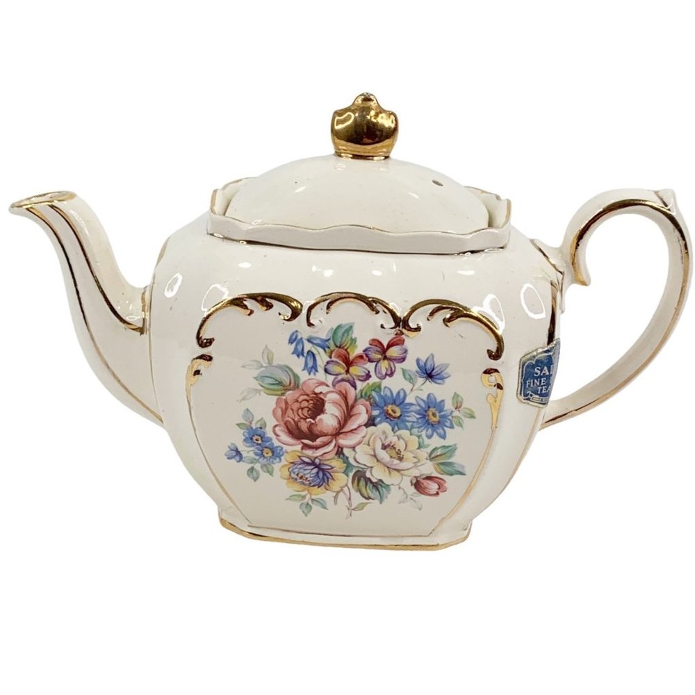 Vintage Sadler England Cube Teapot Ivory Pink Rose Gold Gilt Trim Label 2997